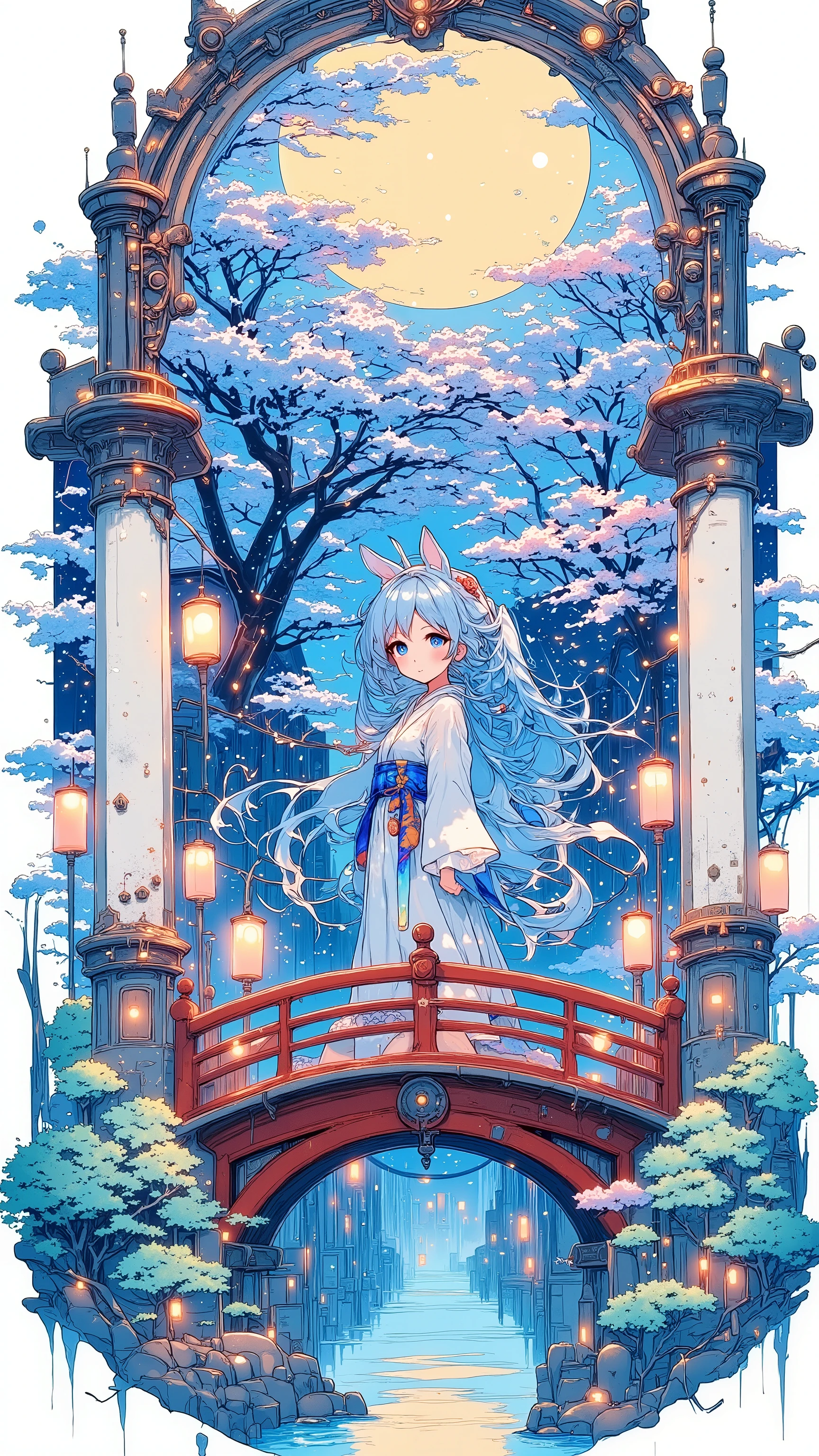 A fantasy cherry blossom viewing at night, glowing sakura petals fall like stardust, floating lanterns drift along a crystal-clear river, a mystical shrine in the background bathed in soft moonlight, a kimono-clad girl with silver hair stands on a red bridge, her eyes reflecting the stars, ethereal atmosphere, cinematic lighting, highly detailed, studio ghibli style, dynamic composition, subtle wind blowing her hair and petals, cherry trees forming an archway of light and magic