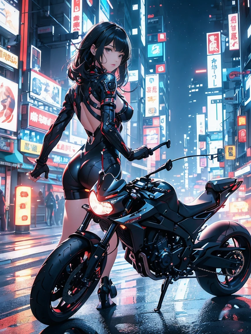 highest quality、surreal、perfect anatomy、crowded downtown area、Wet and shiny white skin、slender model body、Ahegao、silver hair、black micro bikini、soaked、Ten head body、collar and leash、natural lighting、cyberpunk city、cyberpunk edge liner、Motorcycles、rabbit ears、