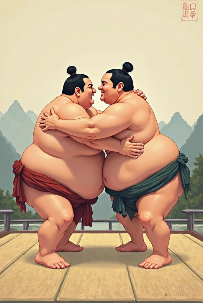 A young monk from ancient Japan, who looks like a fat bodybuilder like a sumo wrestler、A young monk from ancient Japan, looking like a fat bodybuilder like a sumo wrestler, standing with his arm around his shoulders in joy
