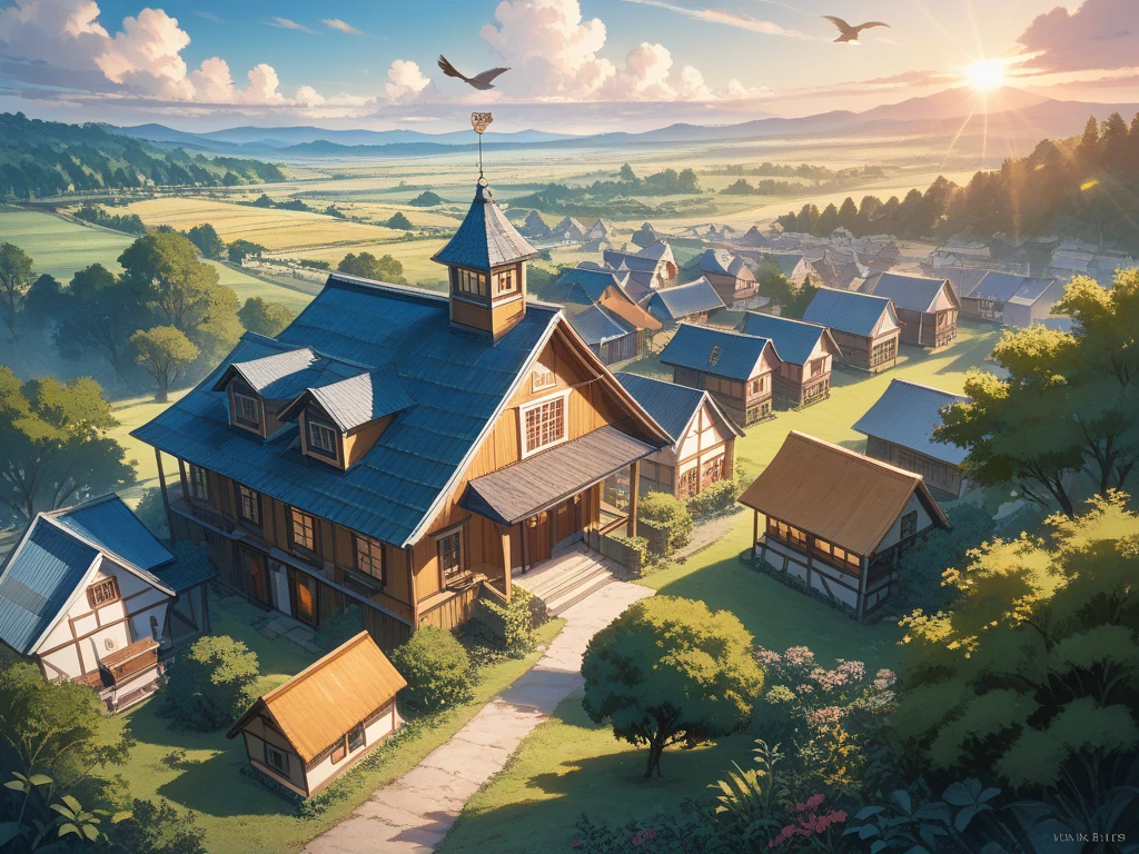 An anime-style countryside town inspired by Studio Ghibli, seen from a high aerial perspective at sunrise, no people, traditional wooden houses with tiled roofs, winding roads, misty rice fields, soft golden sunlight breaking over distant hills, gentle morning haze, birds flying in the sky, peaceful and nostalgic atmosphere, painterly texture, extremely detailed and delicate