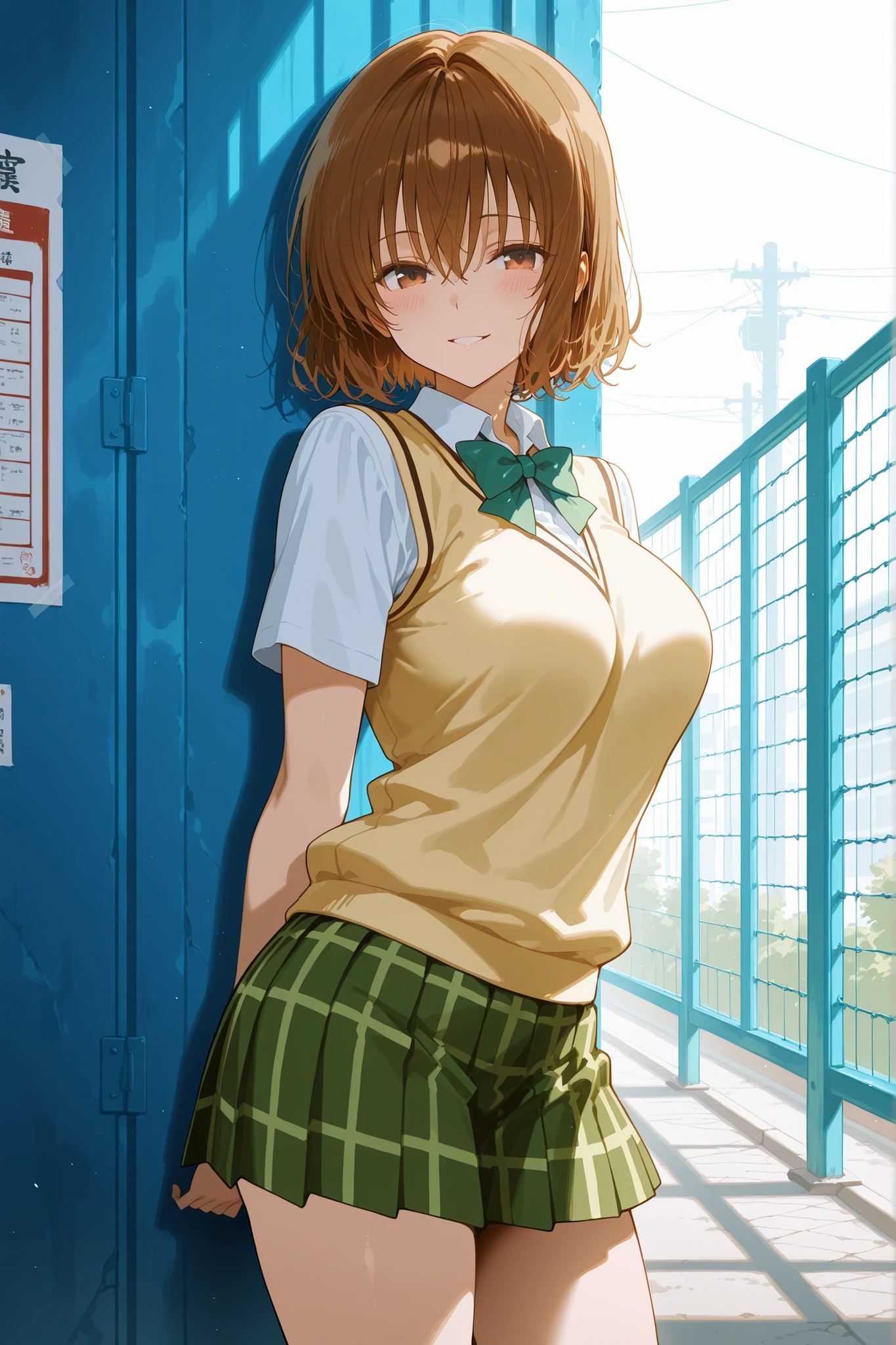 (score_9, score_8_up, score_7_up), source_anime, absurd_res, white, blue, black, 1girl, solo, super fine illustration, an extremely delicate and beautiful, best quality, masterpiece, 8K, glossy brown hair, short hair, dark brown eyes, large breasts, perfect anatomy, alluring expression, beautiful detailed face, charming smile, sensual body, school uniform, sainan high school uniform, seductive pose, behind school building, wire fence, leaning pose, erotic tension, cinematic lighting, alluring atmosphere, dramatic composition, dynamic angle, backlight, slight blush, warm sunlight, standing pose, natural breeze, skirt flutter, tight shirt, perfect AI enhancement, official style,