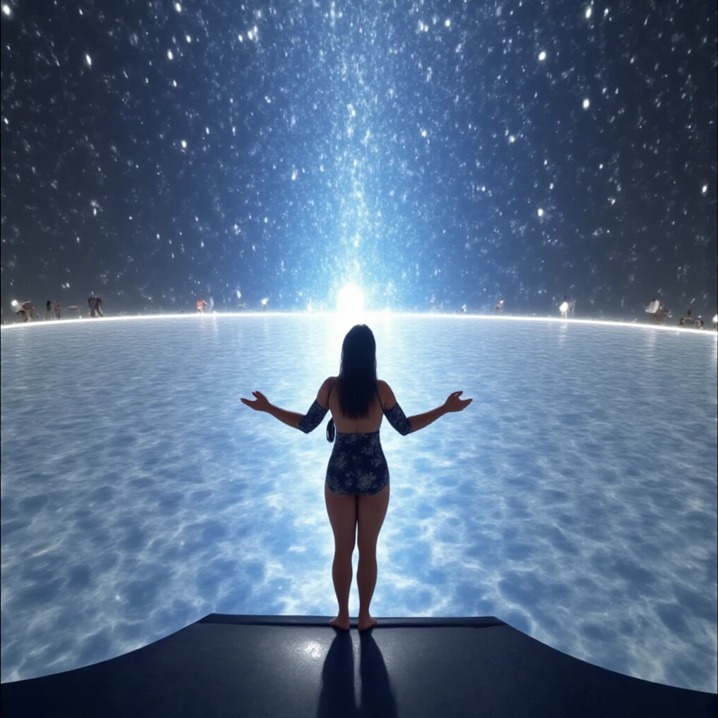 Create a full body shot of a photorealistic image of the universe and galaxy shining inside a black woman, sleeping in an empty dark room, dark room being lit by light projected from the woman's body shining with the galaxy, ultra HD, 32k, photorealistic image, unreal engine rendered,