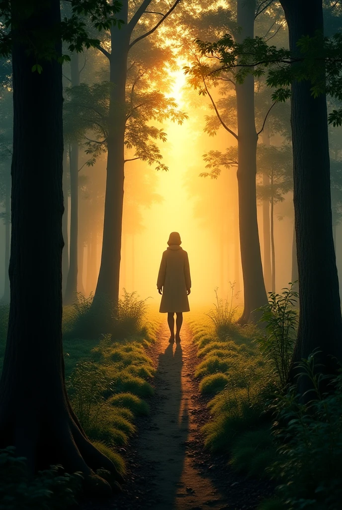 “A person standing at the edge of a quiet path in the forest at twilight, soft golden light shining through the trees, faint silhouettes of ancestors gently visible behind them, a sense of being guided by unseen hands, atmosphere of spiritual mystery, calm and sacred” style ghibli