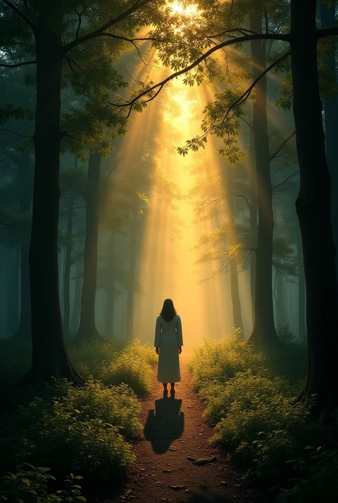 “A person standing at the edge of a quiet path in the forest at twilight, soft golden light shining through the trees, faint silhouettes of ancestors gently visible behind them, a sense of being guided by unseen hands, atmosphere of spiritual mystery, calm and sacred” style ghibli