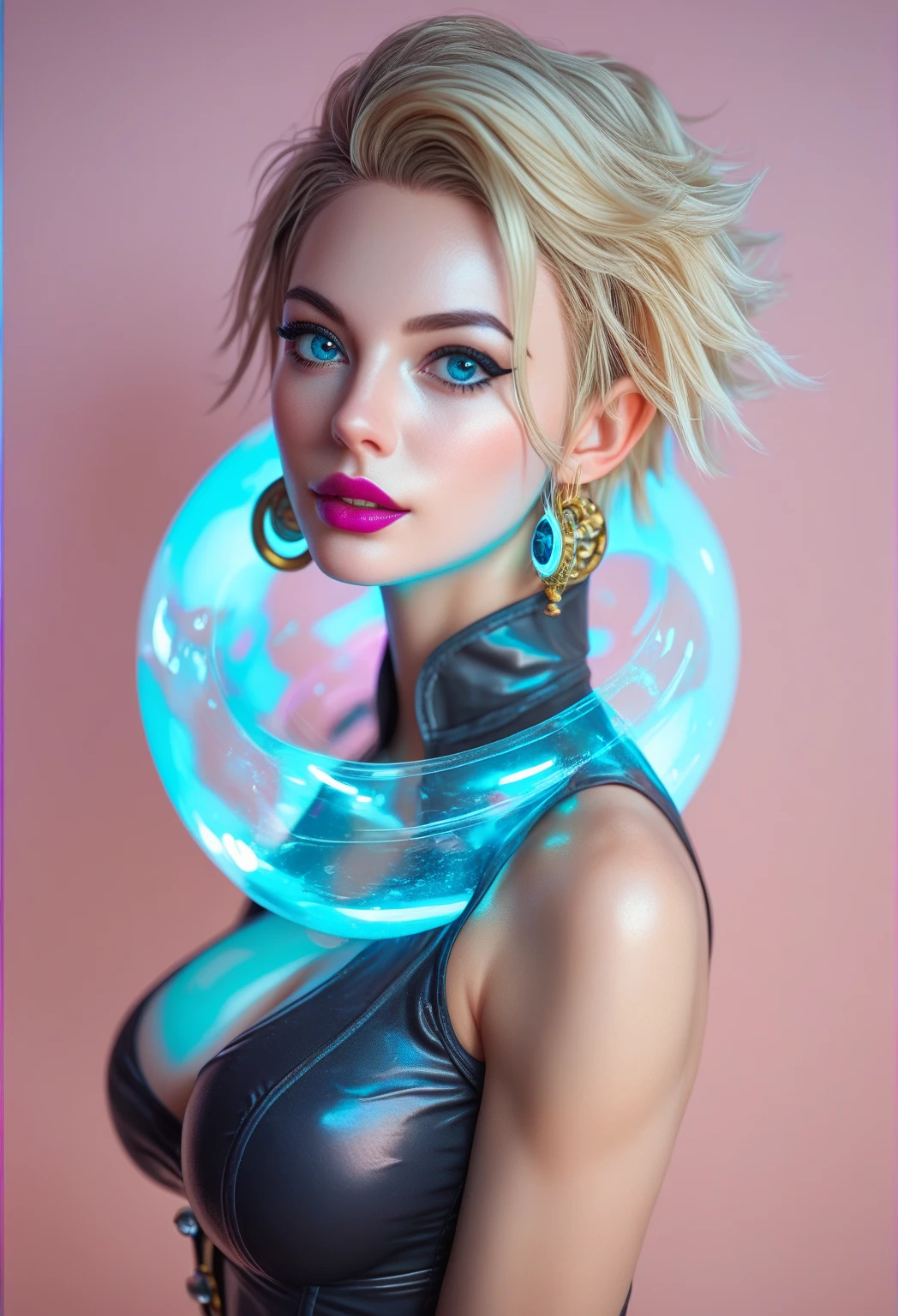 Beautiful pirate girl, photoreaistic, white skin, short blonde hair, no bangs, blue eyes, magenta lipstick, black eyeliner, ((large breasts)), fit. Wearing neon holographic pirate bodysuit. Nautilus submarine background. 
