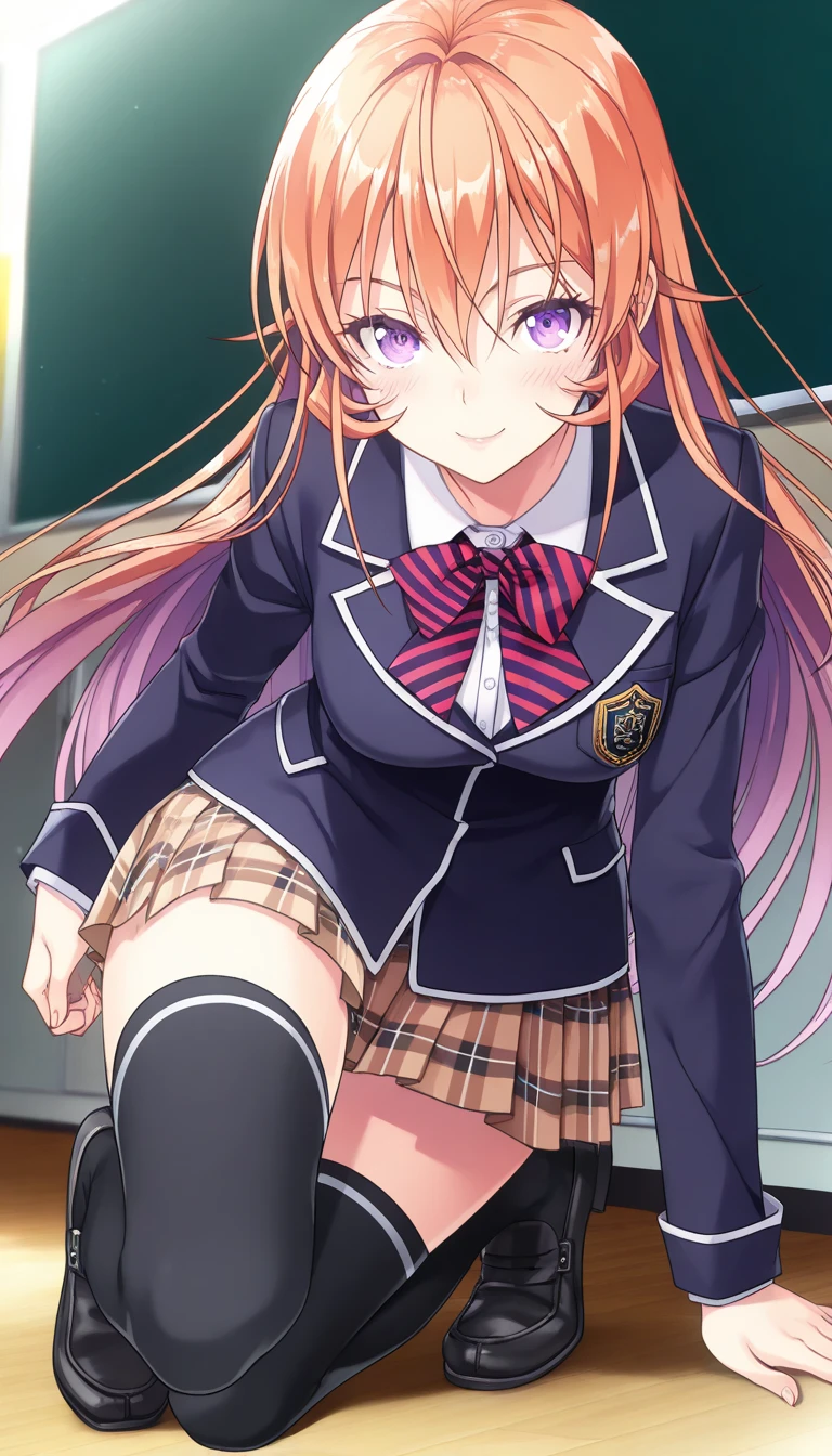 (erina nakiri, long hair, orange hair, purple eyes, hair between eyes, skirt, thighhighs, bow, school uniform, jacket, pleated skirt, shoes, black thighhighs, zettai ryouiki, plaid, plaid skirt, blazer,),  1 female, ( beautiful high school girl ,  beautiful skin, smile, blush), Beautiful and shining eyes,  glossy lips ,  very detailed目と顔,  long eyelashes,  ( Crouch,  Butt Oriented ),   close-up, Crouch, classroom,  Dark and Glamorous Light, Quiet, , ,  light shining in ,( top quality:1.2,  very detailed,  high detailed CG illustration ,  soft focus,  Masterpiece:1.2,  Best Aesthetics ),