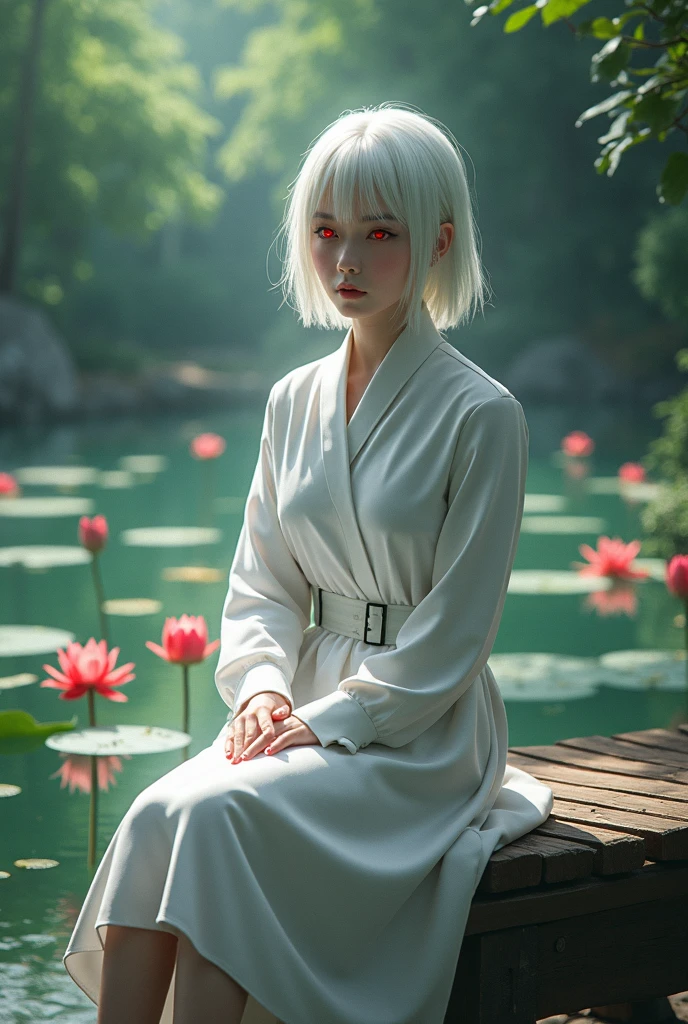 Girl with short white hair with red eyes, She has a white uniform and is sitting on a bench in a park next to a lake with red lotuses