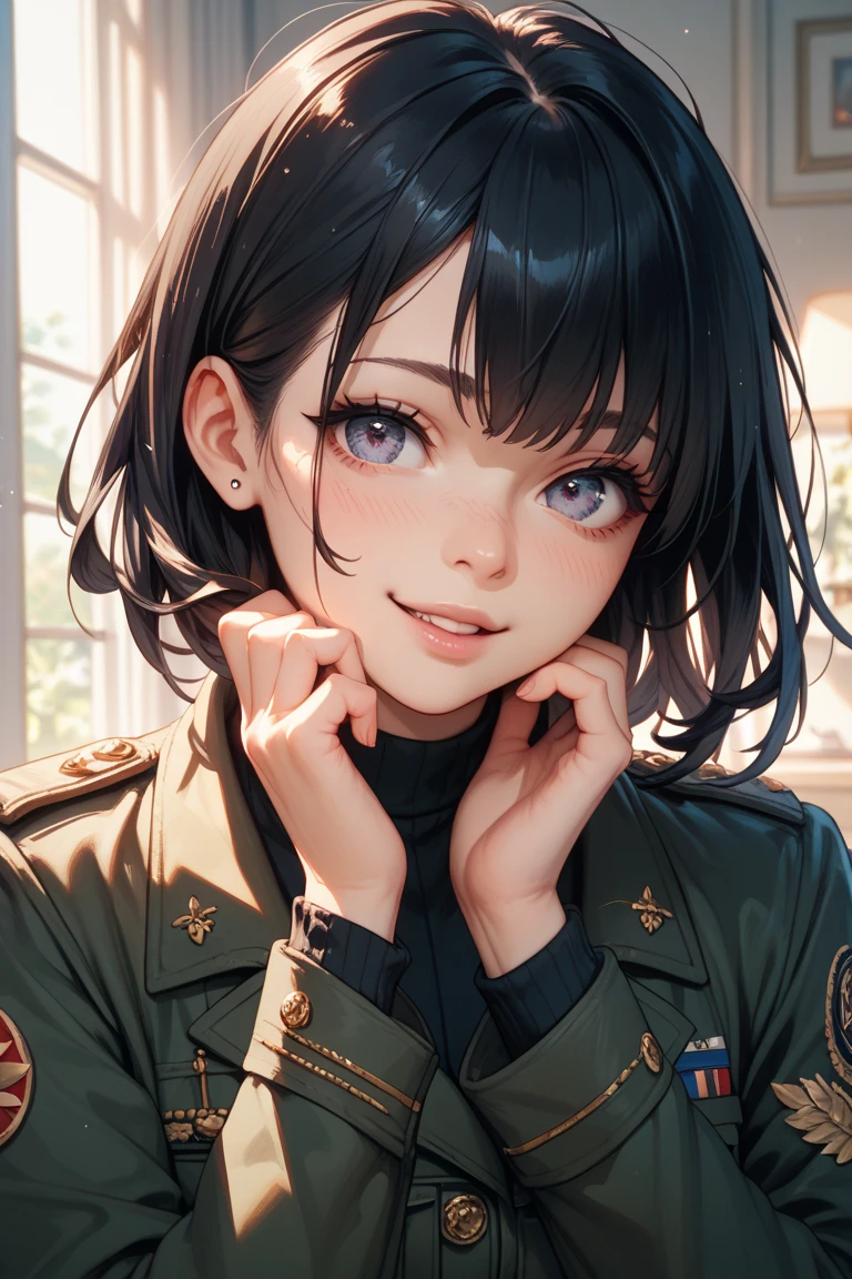 girl wearing army combat uniform, top lens,((Selfie)), random background, kiss, fair, French short curly hair, Tear nevus under left eye, medium breasts, Nevus on left upper chest, Flirting look, ((Very detailed)), (Perfect facial details), (Detailed hands), realistic images.