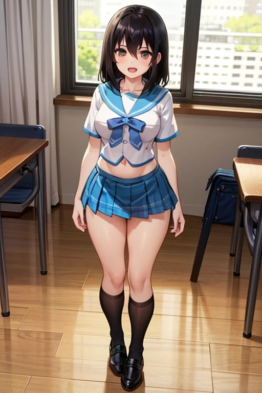 (((masterpiece, Highest quality, High resolution, 超High resolution, Perfect Pixel, Depth of written boundary, 4K, RTTX 10.0))), Beautiful Anime Woman, Beautiful art style, Anime characters, ((Smooth texture, Realistic texture, Anime CG Style)), Exact finger count、Exact number of legs、(Exact number of arms:1.0, Exact number of hands:1.0), (Perfect hands, Perfect Anatomy), Cinematic, Realistic, Extremely detailed CG, Daytime lighting, Perfect lighting, Best Shadow, The best natural light, whole body, Perfect body, Slender body, ((bangs, Dark reddish brown hair, Stylish and cute side ponytail hairstyle), Long Hair), (Detailed face, Cute Face), (A grown woman standing with her own hand lifting up her skirt:1.7), (Fashionable white shirt, Sailor suit, Navy blue sailor collar, Navy blue knee socks, loafers, Navy pleated mini skirt:1.3)、Angle from the front, ((セクシーでおしゃれなBlue panties:1.3), (Glossy satin panties, Side-tie lace panties:1.3), (Blue panties:1.3)), (Beautiful big boobs), (The chest area of the shirt is tight:1.2), (Beautiful and thin thighs:1.3), Feeling embarrassed, (blush:1.2), (Very embarrassed look:1.5), (School classroom, Desk and chair, Many male students in the background, The male students are chatting.:1.4)