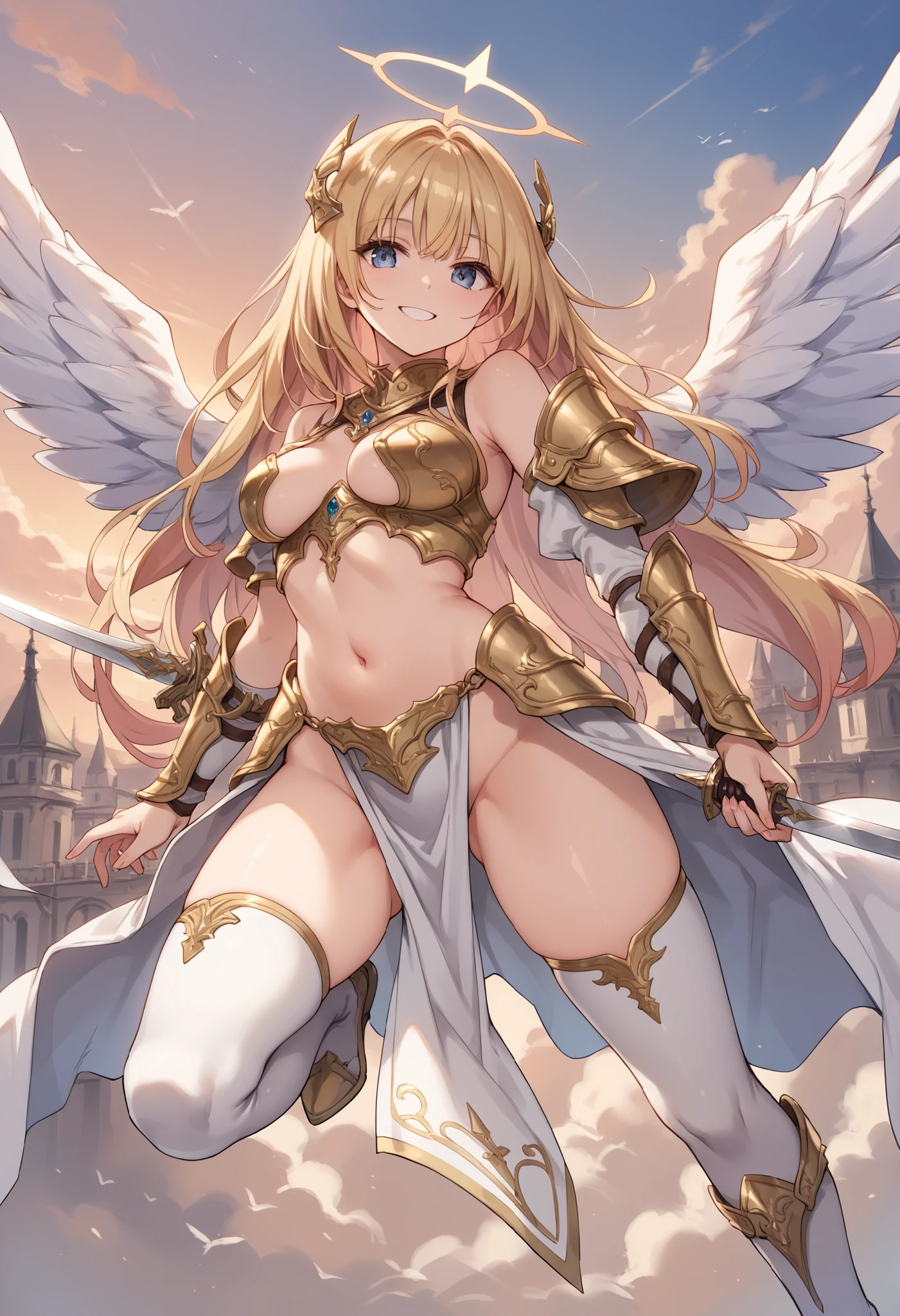 ((Medium Shot))、((West Shot)),(((View from head to thigh))),((One naked young girl of European descent)),(((A standing figure of a slender, naked woman facing forward, facing the viewer.))),((((European girls have exposed breasts and genitals)))),(European girls expose their genitals))),((Do not show anything below the thighs)),((bottomless)),((topless)),((ass pov)),((Looking at the viewer from the front)), (((The girl stands)),((Looking horizontally at the viewer)),((Hands behind head)),(Exposing the viewer to full frontal nudity),((Face forward and look at the viewer at the same height)),((Show your naked body to the viewer with your hourglass figure)),Smiling、(((Wearing a large golden hair ornament))),((A thick golden sword on the right)),((On the left is a thick gold spear)),((She wears a large jeweled hair ornament)),No underwear ,((((Elegant nude elegant girl)))) ,((The body is naked)),((Both arms and thighs are covered with armor...)),((Smiling Girl)),((Six large symmetrical angel wings worn on the back and hips)),((Equipped with a shield on the arm)),((Spread your big wings)), ((A gun holster is attached to the thigh)),((Place a thick golden Japanese sword on the right side))、((Place the thick gold spear on the left)),((No underwear)), She is wearing a large gold necklace、 The large wings are symmetrical, Shoulder Rig Gold Fancy Bangle、Large gold thigh rest、Large gold armrest room chest )),((Naked from head to thighs))、((No underwear whatsoever))、((Head to knee nude shot)),Daytime sea background, A shy smile,((Beautiful hourglass figure)),((Wearing a cape)),((Anatomically correct身体)),High detail, high quality, Highest detail, Extremely detailed, Ultra-detailed, ((Beautiful style)),((Natural light bright background)),Bright daylight,, (Photorealistic: 1.37), High pixel density,Slender figure,Thin Hair,No makeup,Brilliant Light)),Fantasy,Beauty products,Highly detailed facial texture woman, Cowboy Shot, 135mm, Anatomically correct,(((upscale))),Emit an aura,