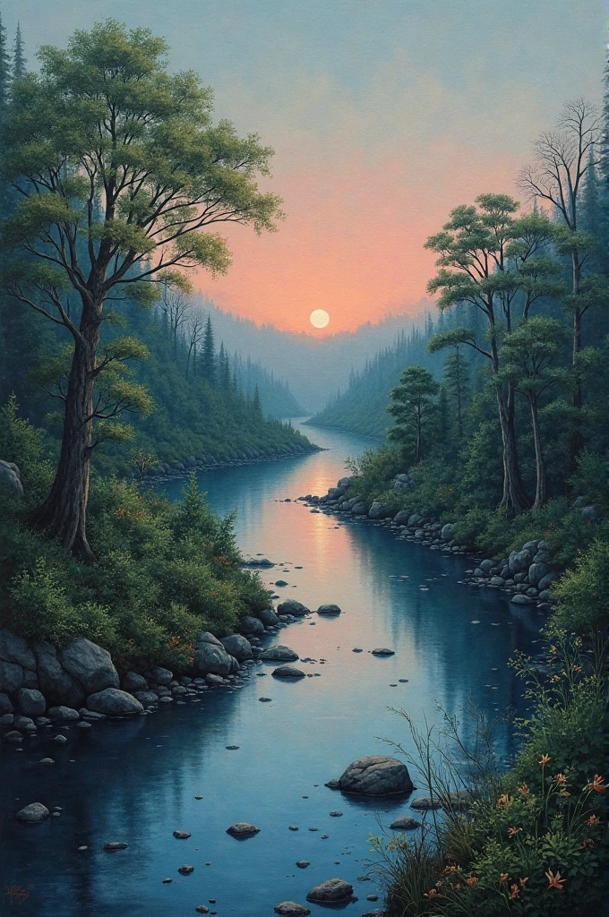 Make a painting on canvas with a river in the middle, a thin river and on the side of the river there are trees with the bush, beautiful greenish trees and on top of the river there was a dark sky, in case it is night with a moon in the upper corner of the upper right side that is at the moon., the river has to be thin and straight with rocks and doesn't place many trees, Leave only the green, place the sky in black blue and a half pink red as if it were a sunset but with the moon on top 