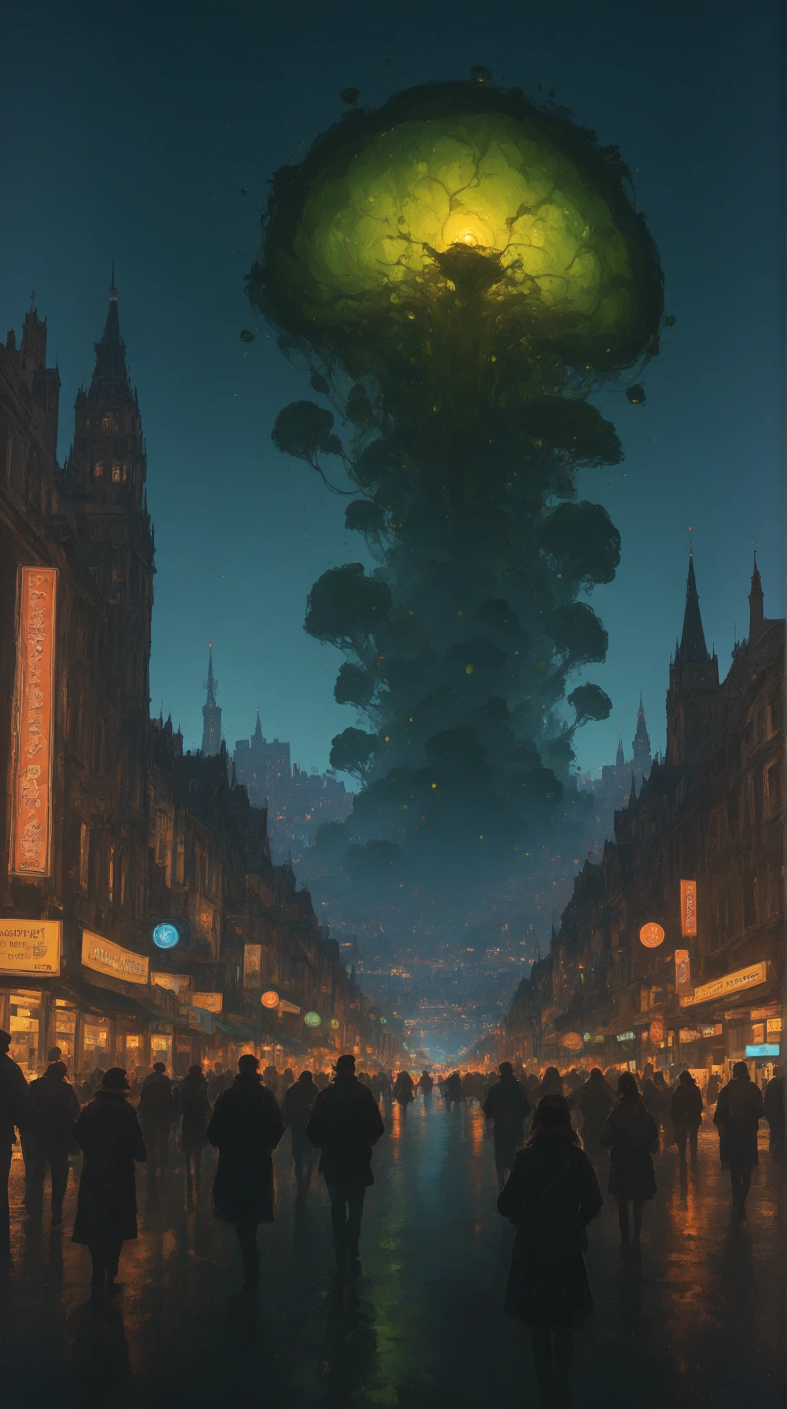 View of the microcosm of glowing spores and organisms, in the primary broth, Big Focus, scientific designations, San Francisco atmosphere, mysterious atmosphere. 