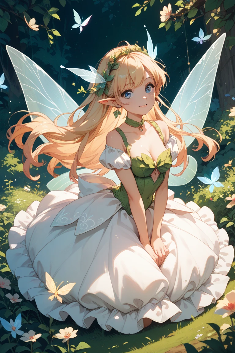 Flower Fairy、Flowers々Surrounded by、About the size of flowers、About the size of butterflies、Beautiful girl with transparent shiny beautiful wings on her back、slim figure、Have a bouquet、Glowing scales fly on takeoff、Sitting on a flower、Highly detailed background,Realistic,ultra-detailliert,super detailed skin,light glow,Film grain,Expro II,Lens Flare,Sharpen,cinematic shadow
