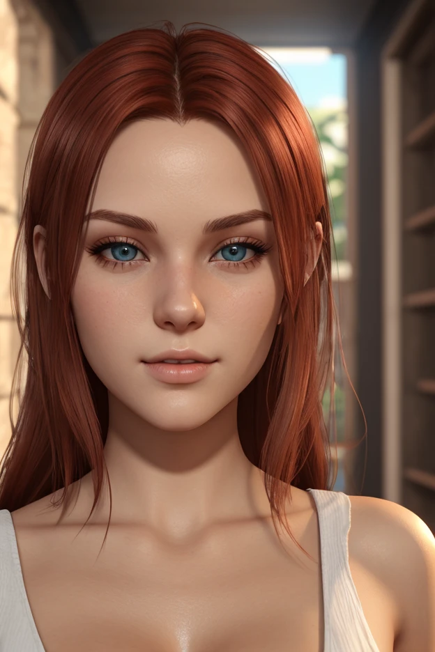 a closeup of a woman with red hair and a necklace, Photo of a model, quinn, She has long orange-brown hair., in drake, Molly Weasley, she has long orange hair, she has red hair, The Sims 4, vanessa ives, inspired by Lydia Field Emmet, a young redhead, cait miers