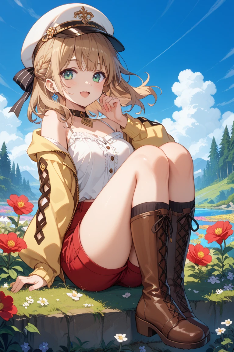 score_9, score_8_superior, score_7_superior, sauce_anime, evaluation_Safety, BREAK igarashi rika, One girl, inirtual youtuber, Green Eyes, Striped Hair, Brown Hair, Single hair bun, One-sided bun, Long Hair, hair ornaments, Hair Clip, Earrings, Black Choker, Open jacket, Orange jacket, puffy long sleeines, Blue clothes, sleeineless dress, Off the shoulder, Frill dress, Black Dress, Cross Strap, Yellow Belt, Asymmetrical legwear, Black knee socks, Orange socks, Checkered socks, boots, floating, floating hair, in, Grin, Dutch Angle, ベッドのsuperior, blush, Lens flare, BREAK, Spread your legs wide, Showing off your underwear, White cotton panties, nsfw,