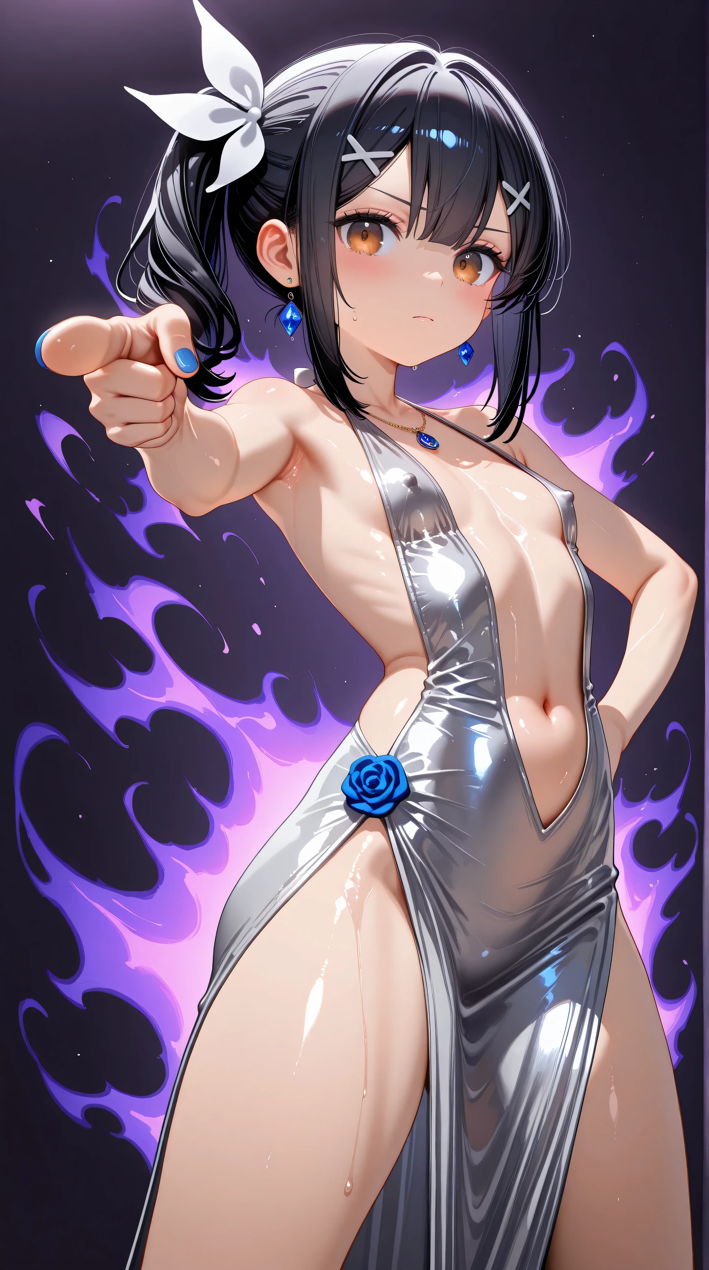 1girl,(Miyu Edelfelt),loli,toddler,petite,cute face,black hair,brown eyes,serious,solo,colored skin,erect nipples, jewelry, dress,necklace, bangs,x hair ornament, bare shoulders, side ponytail, halterneck, plunging neckline, sidelocks, halter dress, backless outfit, silver dress, nail polish, backless dress,closed mouth, blush, revealing clothes, earrings, hairclip, sweat,evening gown,j0t4r0, pointing, looking at viewer,hand on hip, jojo pose,standing,legs apart,center opening,navel,thighs, blue nails, flat_chest, official alternate costume, hair between eyes, best quality, amazing quality, very aesthetic, absurdres,masterpiece,best quality,newest,highres,absurdres,very awa,shiny skin,(artist:loika:0.5),(artist:xiaoshou xiansheng:0.8),artist:rin31153336,artist:gawako,(oiled),purple background, aura, dutch angle, foreshortening,
