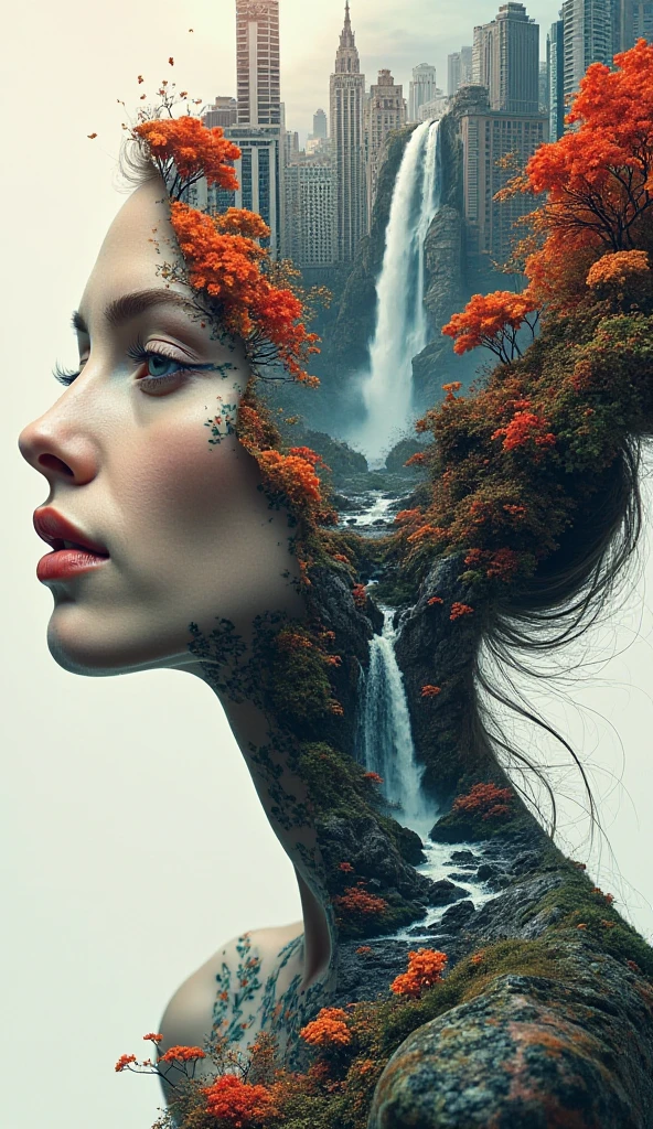 This digital artwork combines a female portrait with surreal and abstract elements. The woman’s face, depicted in incredible detail, appears fragmented; its parts are replaced by a cityscape, a waterfall, and brightly colored flowers. Contrasting textures and colors create a dynamic and striking visual effect. Geometric shapes and sharp lines combine with organic elements such as the waterfall and flowers, balancing structure and freedom of expression. The overall composition forms a complex and intriguing visual narrative, inviting interpretation of the hidden meanings behind the fragmentation and integration of the elements. The digital 3D effect adds depth and realism, enhanced by richer shadows and textures on each element