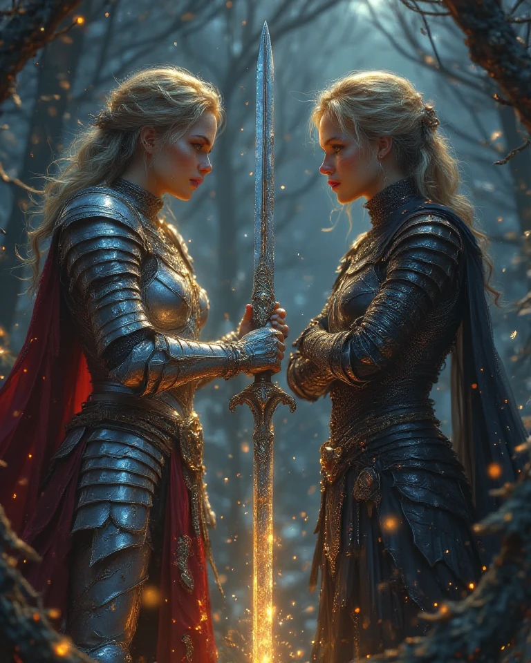 Two powerful knight women face off in an intense, dark atmosphere. A beautiful blonde woman clad in glowing silver knight armor stands tall, pointing her intricately detailed silver sword with a commanding presence. Opposite her, a striking woman in black knight armor crosses her arms in a confident and unyielding pose, her expression brimming with determination. The setting is engulfed in a moody, shadowy hue, with subtle rays of light reflecting off their armor. The painting should have a semi-realistic, oil painting style, evoking the epic and tense confrontation in a D&D-inspired fantasy world. Style: Semi-realism, oil painting. Lighting: Dark and moody, with eerie 

