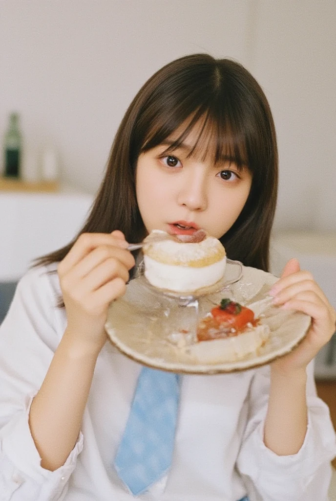 there is a young girl holding a piece of bread in her hands, chiho, eating garlic bread, toast, holding a baguette, sana takeda, yasumoto oka, [ realistic photo ]!!, by Kim Jeong-hui, jinyoung shin, park ji-min, by Tadashi Nakayama, jaeyeon nam, lee ji - eun, lee ji-eun