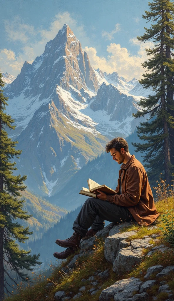 I need a painting in the style of Luca Giordano where a man reads a book on top of a mountain