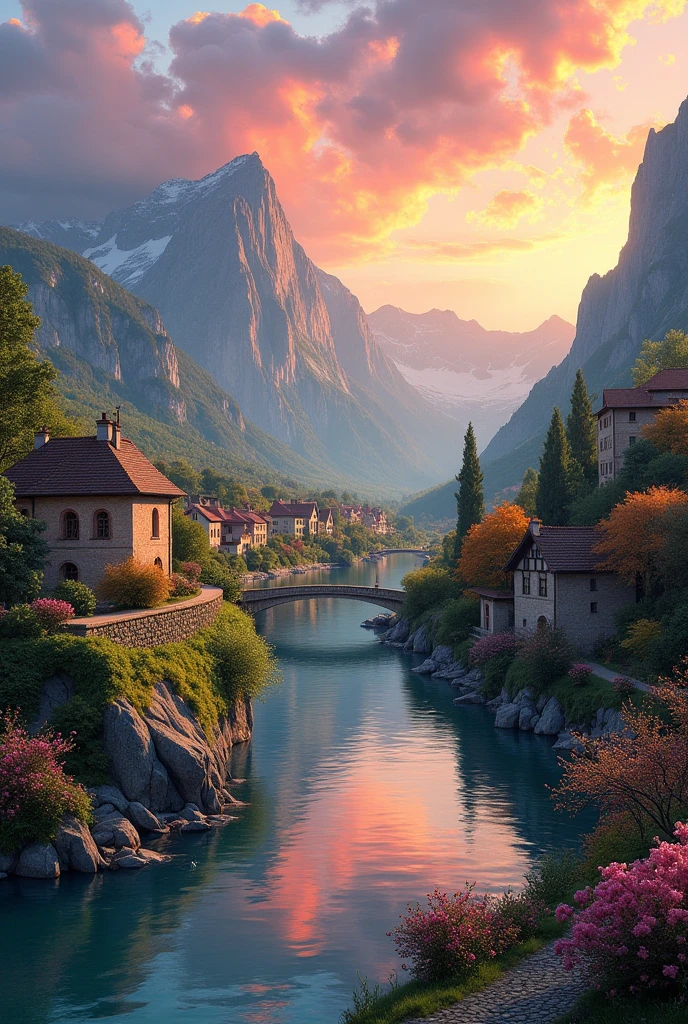 a small village by the river, mountains in the background, floral flowers colorful, detailed landscape, Beautiful natural landscapes, atmospheric lighting, scorching sunset, warm colours, practical, photopractical, Detailed Foliage, complex buildings, cobblestone street, Charming country house, swirly vibrant colors, lush vegetation, Still water reflections, Picturesque, idyllic, work of art, best qualityer, 8k, extremely detaild,anime styling