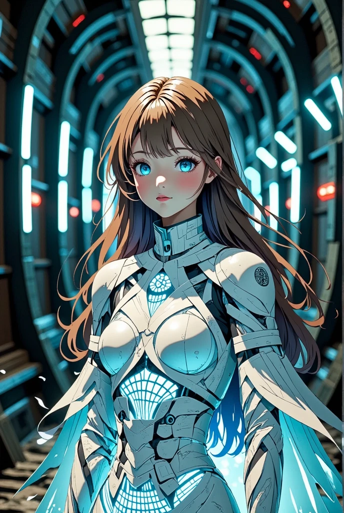 Futuristic cinematic setting of an elegant android, with long shiny hair,  radiant blue eyes, its body covered by a transparent shell, with glowing circuits and vaguely visible internal holographic displays, emitting a soft and rhythmic glow in shades of teal blue and lavender. When light hits its surface, the shell reflects an intense silver glow, illuminating its structure. Traces of light emanate from its edges, forming intricate, glowing patterns that resemble a digital aurora. The background is a dark tunnel,  illuminated by neon , with minimal illumination, ensuring that its luminous and reflective form stands out as the focal point of the scene.