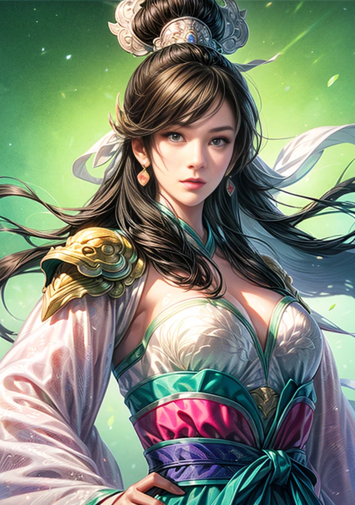 a woman in a green dress holding a sword and a flower, inspired by Li Mei-shu, inspired by Shen Zhou, inspired by Wu Li, inspired by Wu Zuoren, yun ling, inspired by Ju Lian, inspired by Li Tang, full body xianxia, inspired by Qiu Ying, inspired by Lan Ying, xianxia hero, Highly detailed CG unit 8k wallpaper, masterpiece, High resolution, highest quality, highest quality real texture skin, Super Real, Digital Painting, Best image quality, 最High resolution, 8k, ((Highly detailed eyes and face)), 1girl, Beautiful eyes every detail, Full Body Shot, Saggy breasts, Gravity-dependent breasts, long chest, Heavy chest, disproportionate breasts, huge breasts, sagging breasts, gigantic breasts, erect nipple, 