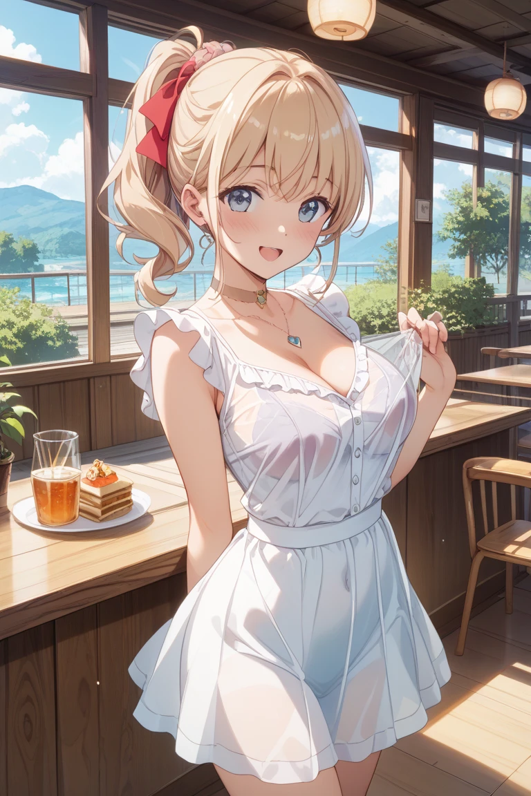 highest quality, Super detailed), (Ultra High Resolution 8K)), ((Apron Lift)), ((Naked Apron), Very shy girl, (Big Breasts), Show your underbelly, (Blushing, Embarrassing), Very hot day, Shade, Seduce, Professional photography techniques