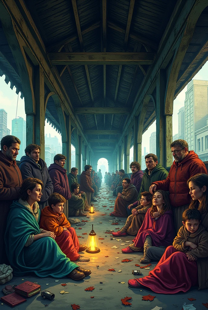 People who survived a zombie invasion take refuge in an abandoned but comic-like train station covered in blankets ren and adults in the dark