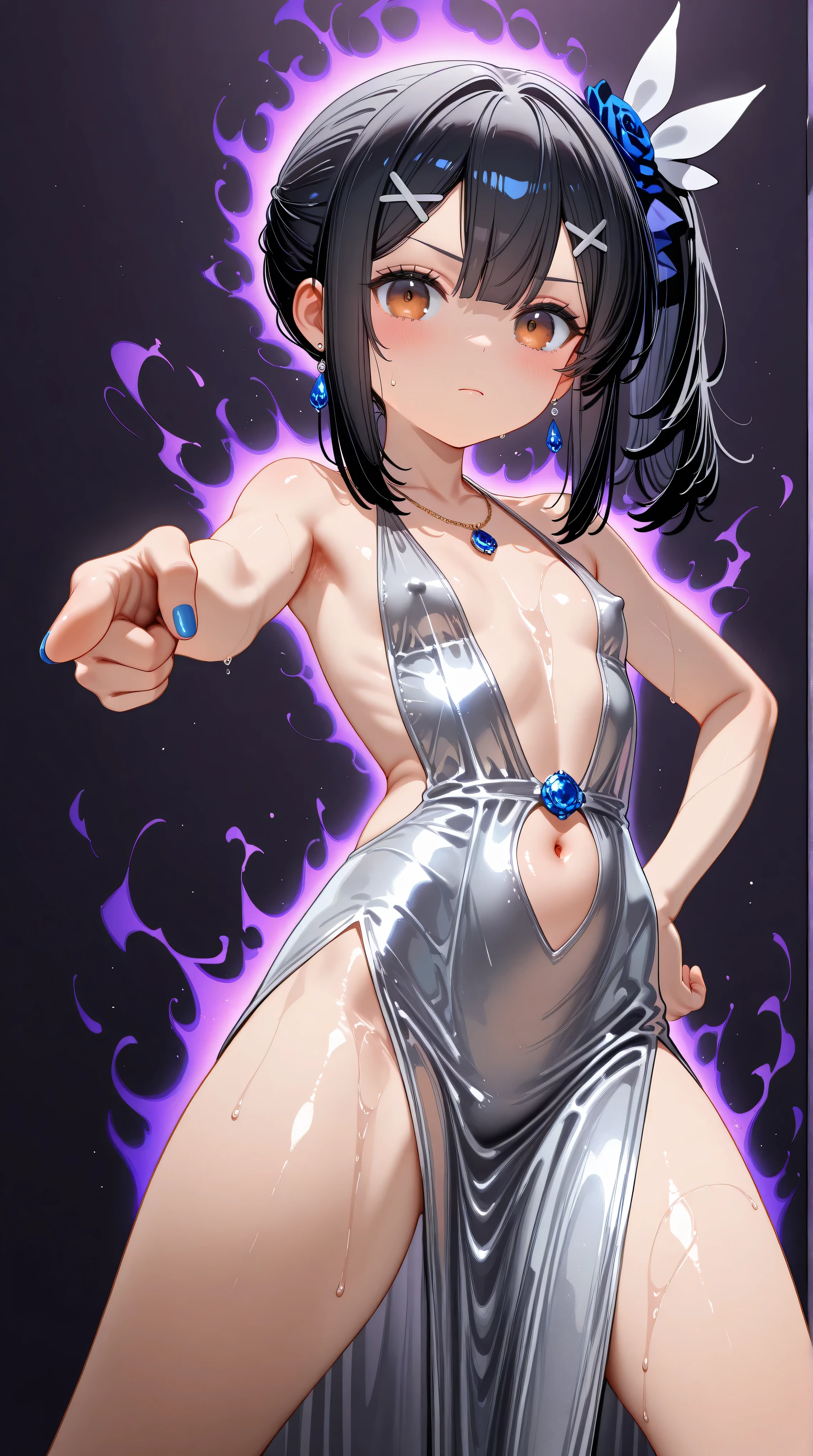 1girl,(Miyu Edelfelt),loli,toddler,petite,cute face,black hair,brown eyes,serious,solo,colored skin,erect nipples, jewelry, dress,necklace, bangs,x hair ornament, bare shoulders, side ponytail, halterneck, plunging neckline, sidelocks, halter dress, backless outfit, silver dress, nail polish, backless dress,closed mouth, blush, revealing clothes, earrings, hairclip, sweat,evening gown,j0t4r0, pointing, looking at viewer,hand on hip, jojo pose,standing,legs apart,center opening,navel,thighs, blue nails, flat_chest, official alternate costume, hair between eyes, best quality, amazing quality, very aesthetic, absurdres,masterpiece,best quality,newest,highres,absurdres,very awa,shiny skin,(artist:loika:0.5),(artist:xiaoshou xiansheng:0.8),artist:rin31153336,artist:gawako,(oiled),purple background, aura, dutch angle, foreshortening,
