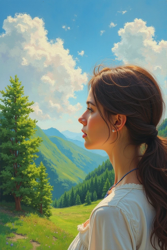 A serene side profile of a woman gazing into a vibrant landscape of lush green trees under a sky adorned with soft, fluffy clouds. The painting captures a peaceful and contemplative mood with its rich, colorful brushstrokes and impressionistic style.