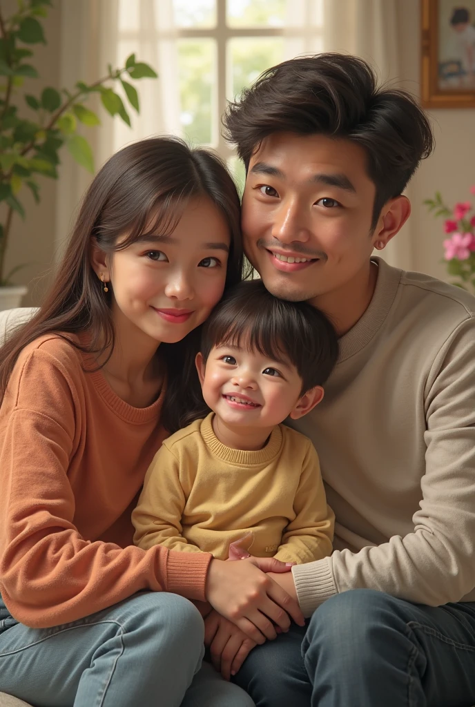 A happy family where the mother, a black Brazilian woman, He is holding his youngest daughter on his lap. The little one has mixed features, with slanted eyes, inheritance from South Korean father, and skin the color of his mother. the father, a South Korean man, is next to them with a smile on his face. The oldest son, six years old, has predominantly South Korean features, with slanted eyes and straight hair. Beside him, is the middle , four years, who looks a lot like her mother, with dark skin and curly hair. The family is together, radiating happiness and love, showing the beautiful mix of their cultural and ethnic origins.