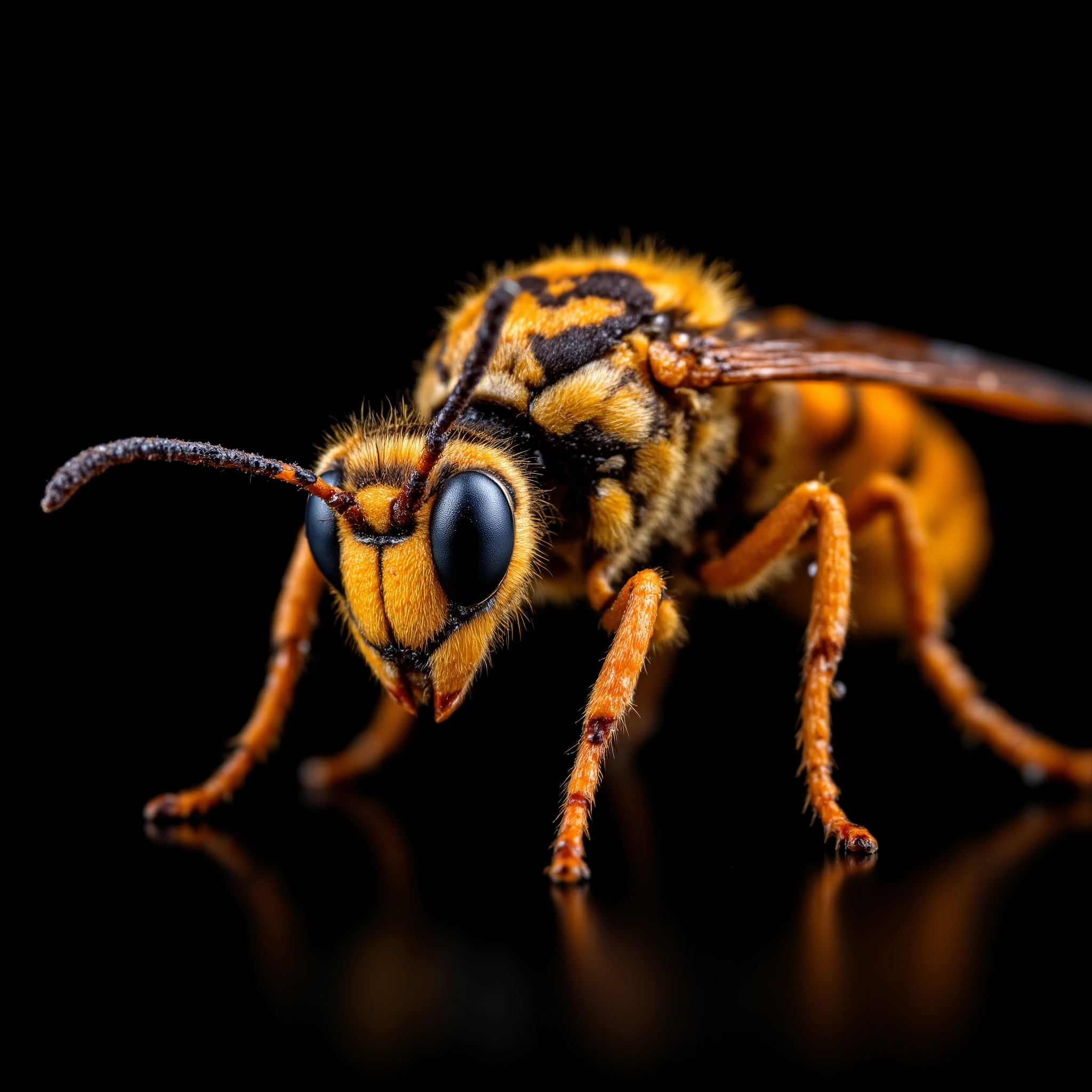 Close-up macro shot of a wasp. Detailed view of the insect's head and thorax. Intricate patterns of black and orange are visible on the wasp's exoskeleton. Water droplets cling to the fine hairs and textures, creating a glistening effect. Sharp focus on the segmented body parts. The lighting highlights the intricate details of the insect's anatomy. Orange and brown hues dominate the image with deep black backgrounds. Precise, high-resolution macro photography. Focus is on the detail and texture of the wasp's body. Visible water droplets create a sense of wetness and dew. Close-up perspective emphasizes the intricate details of the insect's features. High contrast between the dark background and the bright colors of the insect. Natural lighting creates depth in the image. Detailed view of the insect's legs and antennae with water droplets clinging to them. Macro photography style.