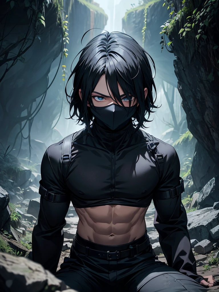  ( anime 8 k ) , In an abandoned cave , a man in black clothes sitting on a rock wall, black hair and a mask that covers his entire face , The man is bleeding from his stomach and you can tell he's about to die 