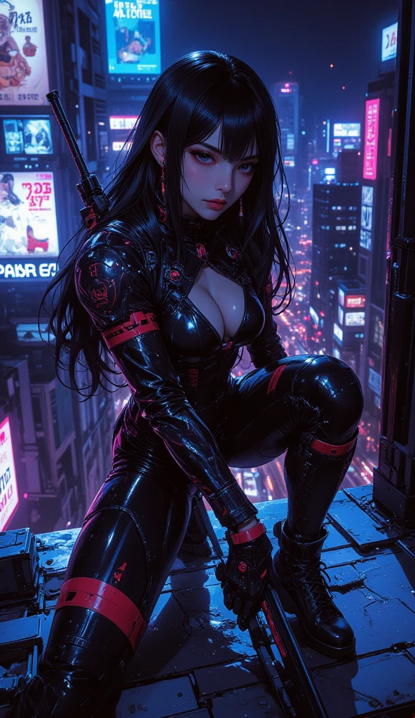  masterpiece, best quality, vibrant, very aesthetic, high contrast,portrait,beautiful detailed face,detailed texture,detailed skin, newest, 1girl,sao,source_sao,sinon,gantz suit,bare stomach,underboobs,breast curtain,crauching on the roof top of the building,one knee on the ground,holding a sniper rifle in futuristic style,aiming a target,confident face,night city scape in background 