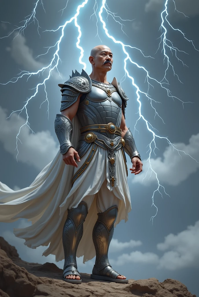 Zeus, asian face, lightning background,skinny, slightly baldness, moustache, shining silver amor, sandal