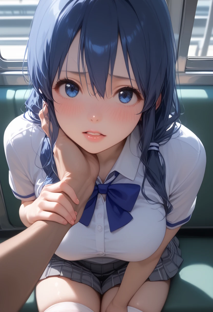 (best quality, ultra detailed:1.2)1girl,kurata mashiro,bang dream!,short hair,light blue hair,bangs,aqua eyes,hair between eyes,bangs,looking at viewer,tareme,large breasts,BREAK crying,(face close up:1.2),((1man and 1woman,fellatio,penis,))