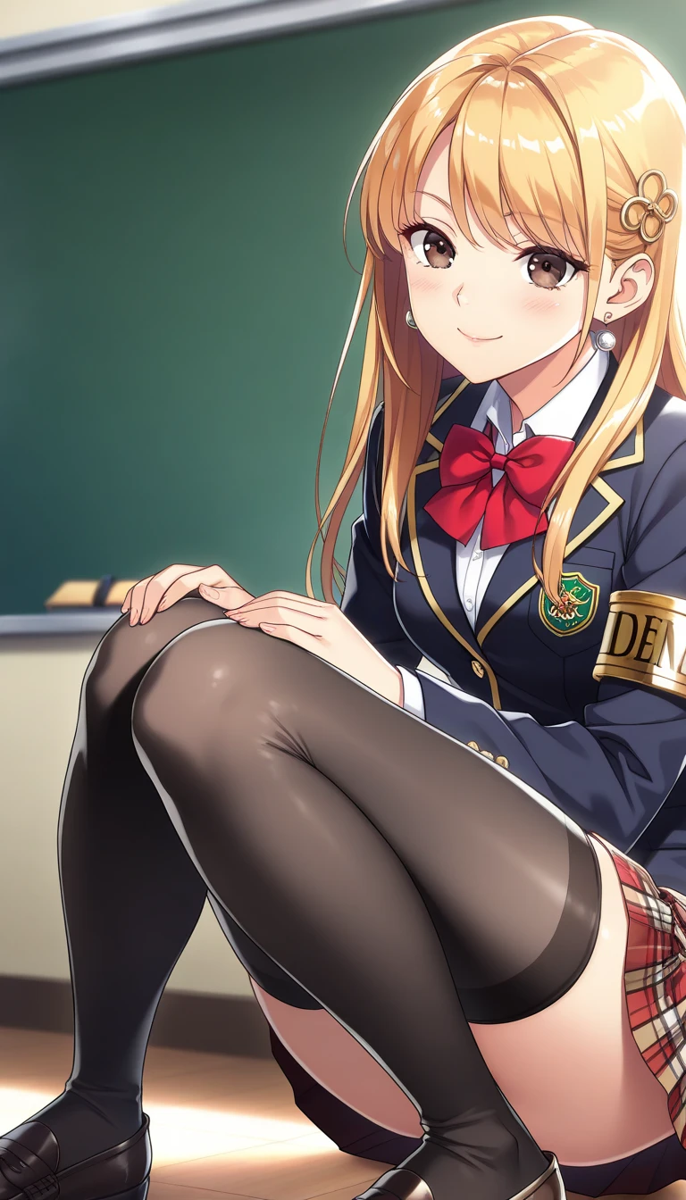 Mahirsha, Mahiru Shiina, blonde hair, (brown eyes:1.7), long hair, (((pubic hair))),(smile)、(big breasts)、 break black footwear, black pantyhose, blazer, bow, bowtie, collar, collared shirt, Jacket, pantyhose, Plaid, Plaid skirt, pleated skirt, red bow, red bowtie, school uniform, shirt, shoes, skirt, break looking at viewer, whole body, break indoors, classroom, break (masterpiece:1.2), highest quality, High resolution, unity 8k wallpaper, (shape:0.8), (beautiful and detailed eyes:1.6), highly detailed face, perfect lighting, Very detailed CG, (perfect hands, perfect anatomy),
