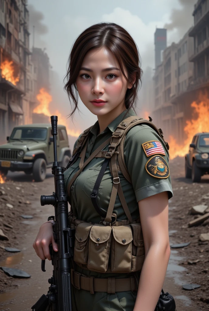 (8K, RAW photos, higheSt quality, maSterpiece:1.2),(realiStic, realiSticな写真:1.4),(Highly detailed CG Unity 8K wallpaper),(round face: 1.5), (detailed student:1.3),(cool eyeS:1.1),(Small Smile:1.1),(Unforgettable eyeS:1.1),(目がandても綺麗です:1.1),
24-yearS-old, Korean woman, Sunburned, bronze Skin, U in clotheS.S. marine corpS uniform, Fighting on the battlefield, Strong muScleS, world war, Modern war themeS,Army Girl, ASSault rifle with accurate detailS, (grab the rifle: 1.3), (Aim and hold the rifle.: 1.3), armyの少女, ry girl, Shootout, air raid, air raid, army, camouflaged, car on fire, war zone, battlefield, and, RemainS, exploSion, The Burning City, cigarette, Torn tank tower, navel, Gloves, 破れたarmy用パンツ, 泥and血に染まった顔, Sweaty Skin, bloody Skin, muddy Skin, Small, split, declaration of determination, exact expreSSion, higheSt quality, ultra high reSolution, confuSed, realiSticな, PhySically baSed rendering(PhySically baSed rendering(PhySically baSed rendering)), movie lights, complicated, cinematic look,Soft light like a movie, pleaSant tone, battlefieldの背景, background of street fighting, realiStic, cowboy Shot, dynamic angle,駐車場のレンガ造りの道路に停められたjeep, jeep ラングラー, jeep, front-facing 프로필, 🦩🪐🐞👩🏻🦳, Profile taken from the front, Mahindra Tar, wire, 8K!!, 偉大なmaSterpiece, Fuji Lead, front-facing, 2 0 1 9, 2019, Soft top, make: Tom Carafique,Tomb Raider, topless,panties,camouflaged크림