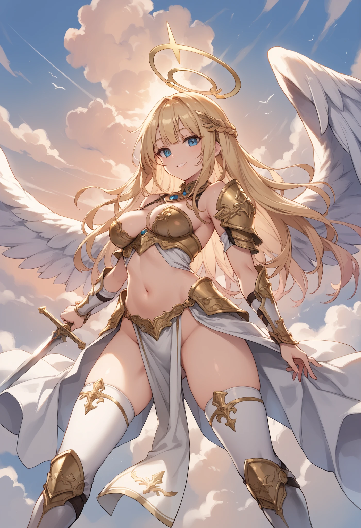 fantasy, 1angel_girl,, ,brown_hair, medium_bob_hair, long_bangs, halo,bare_shoulder,thighhighs,silver_armor, waist_armor, large_breasts,angry,grinning,open_mouth_teeth, 1pair_wings, dynamic_pose_fighting,floating, bare_crotch, headgear,gauntlet, greaves,city_sky_background,slightly_spread_legs, solo, groin_naked,dark_skin,