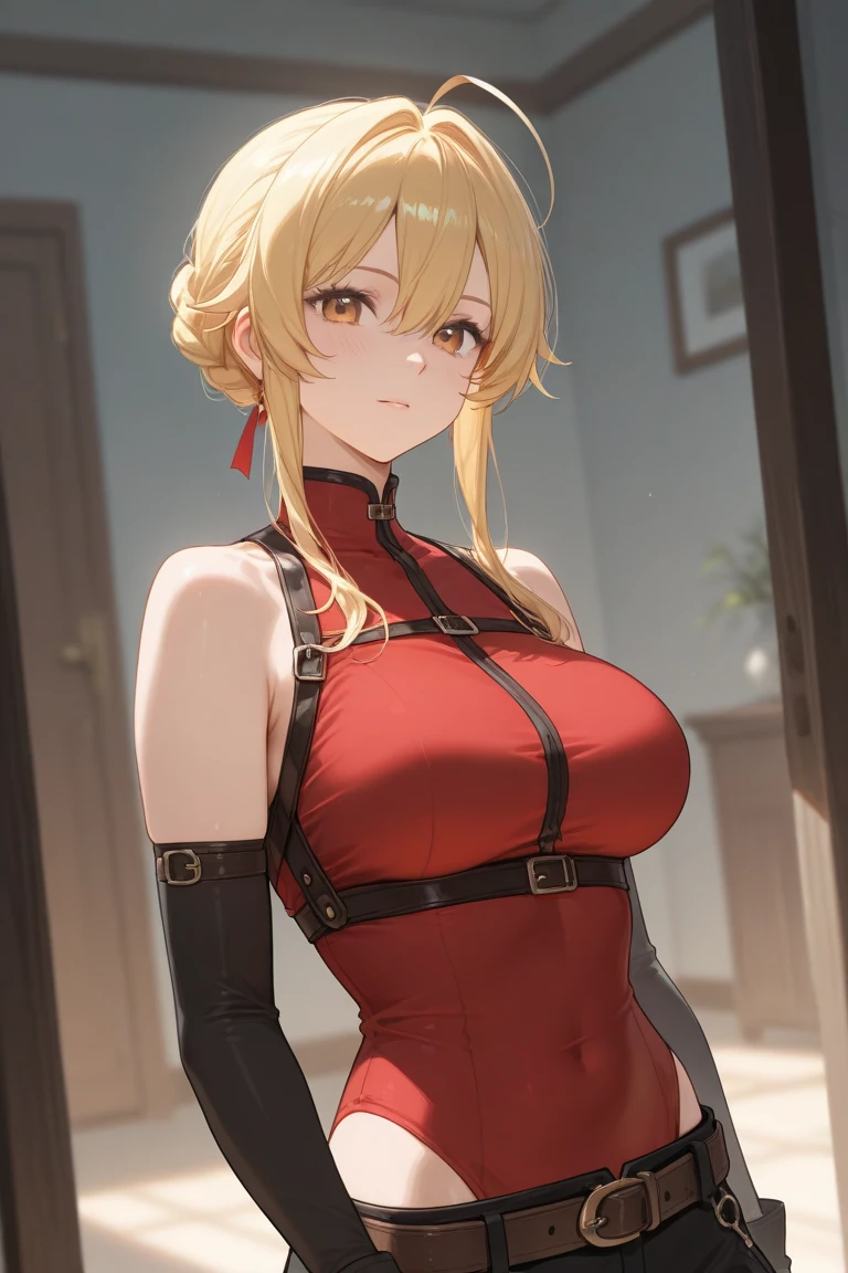 masterpiece, best quality, very aesthetic, absurdres, newest,1girl,naked_shirt, covered_nipples, ,blue_mary(fatal_fury), snk, the_king_of_fighters, 1girl, bare_shoulders, blonde_hair, blue_eyes,  short_hair, bob_cut,,,in a castle