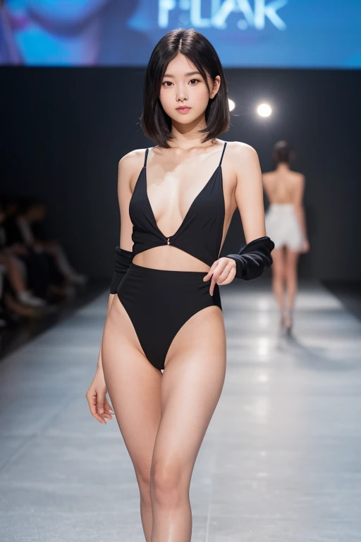 (High resolution:1.3), (16k, Photorealistic, Raw photo, Best image quality: 1.4), Japanese, (One Girl), Beautiful Face, (A vivid face), (Black-haired、short hair:1.3), Beautiful Hairstyles, Realistic eyes, Beautifully detailed eyes, (Realistic Skin), Beautiful skins, attractive, 超A high resolution, Surreal, High detail, Golden Ratio, Highly detailed cute girl,(20-year-old), ((Completely naked)), fashion show, Runway