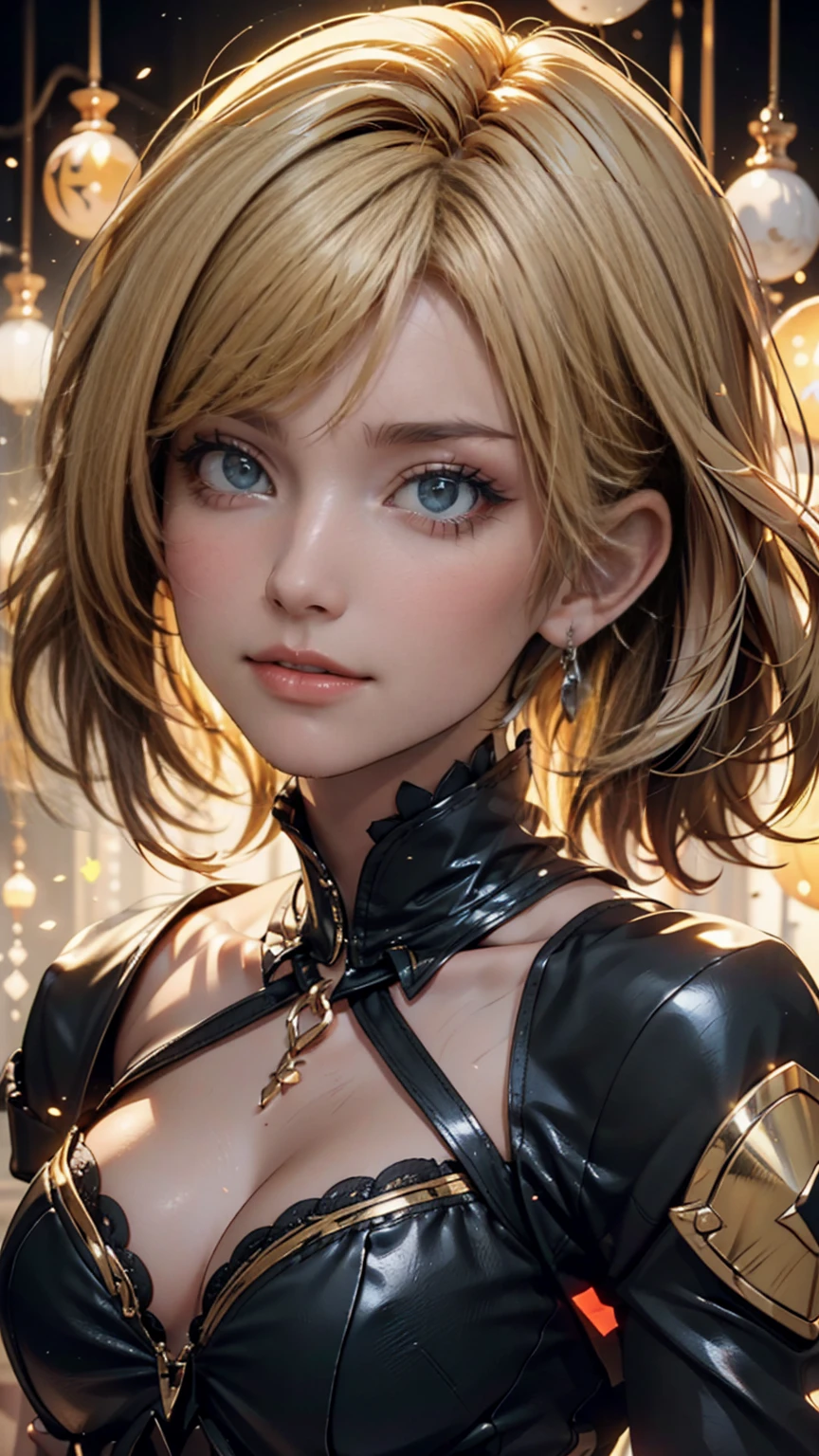 mksks style, 1 girl, cute, Surrounded by yellow lights, blond eyes, white hair, black background, close-up, No smiles, masterpiece, Super Detail