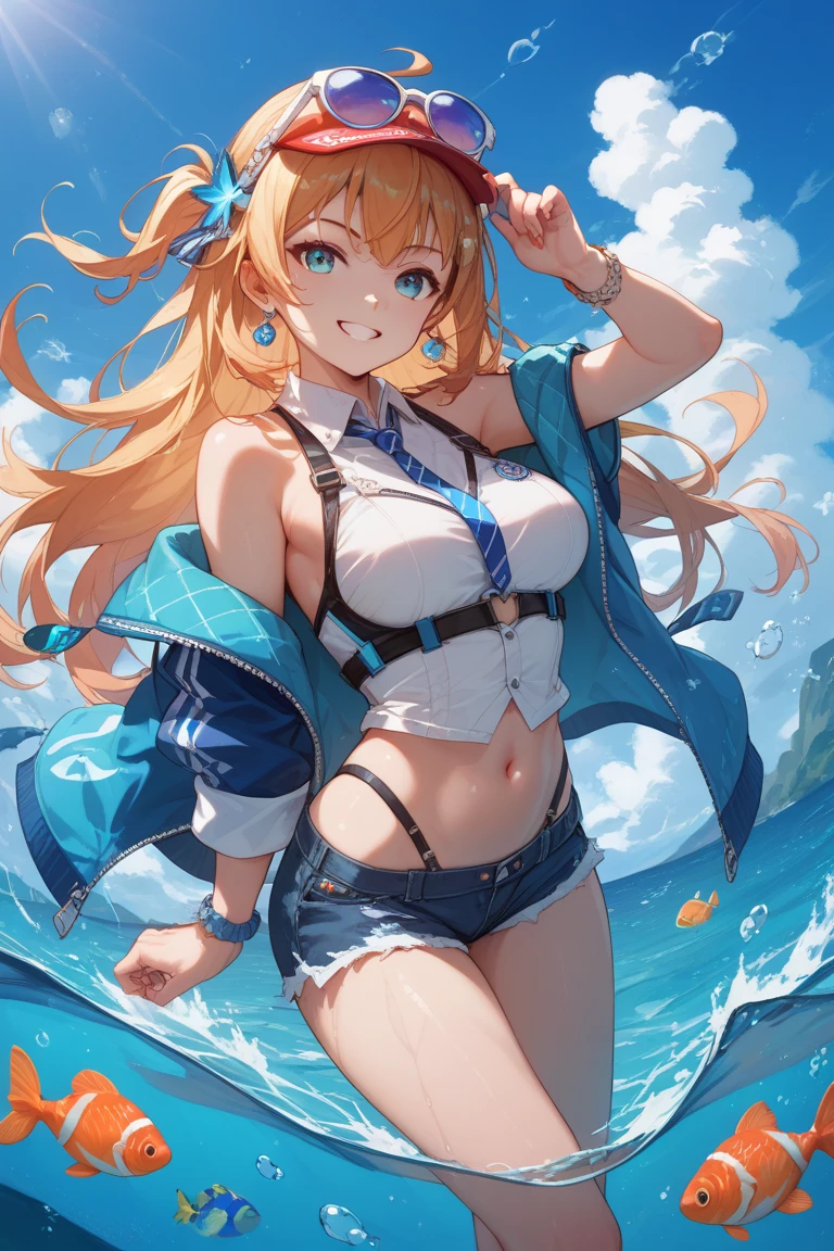 masterpiece,(ultra-detailed),1girl, mysterious heroine xx \(fate\), smile,open mouth, swimsuit, white bikini, side-tie bikini bottom, shrug \(clothing\), jacket, thigh strap, wristband, large breasts, ocean, splashing,