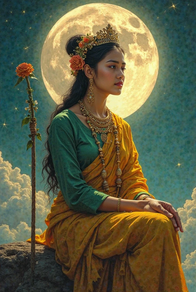 painting of a beautiful Indonesian princess ,30 years old , Wearing a green shirt , yellow shawl, 's head and a black and white Jarit subordinate , there is a small crown on, with a ronce necklace of roses and jasmine in his ears, holding a dragon-headed commando stick,is sitting on a rock above the clouds, night sky atmosphere with a big full moon shining brightly. looks like a wooden kencana train behind him.
