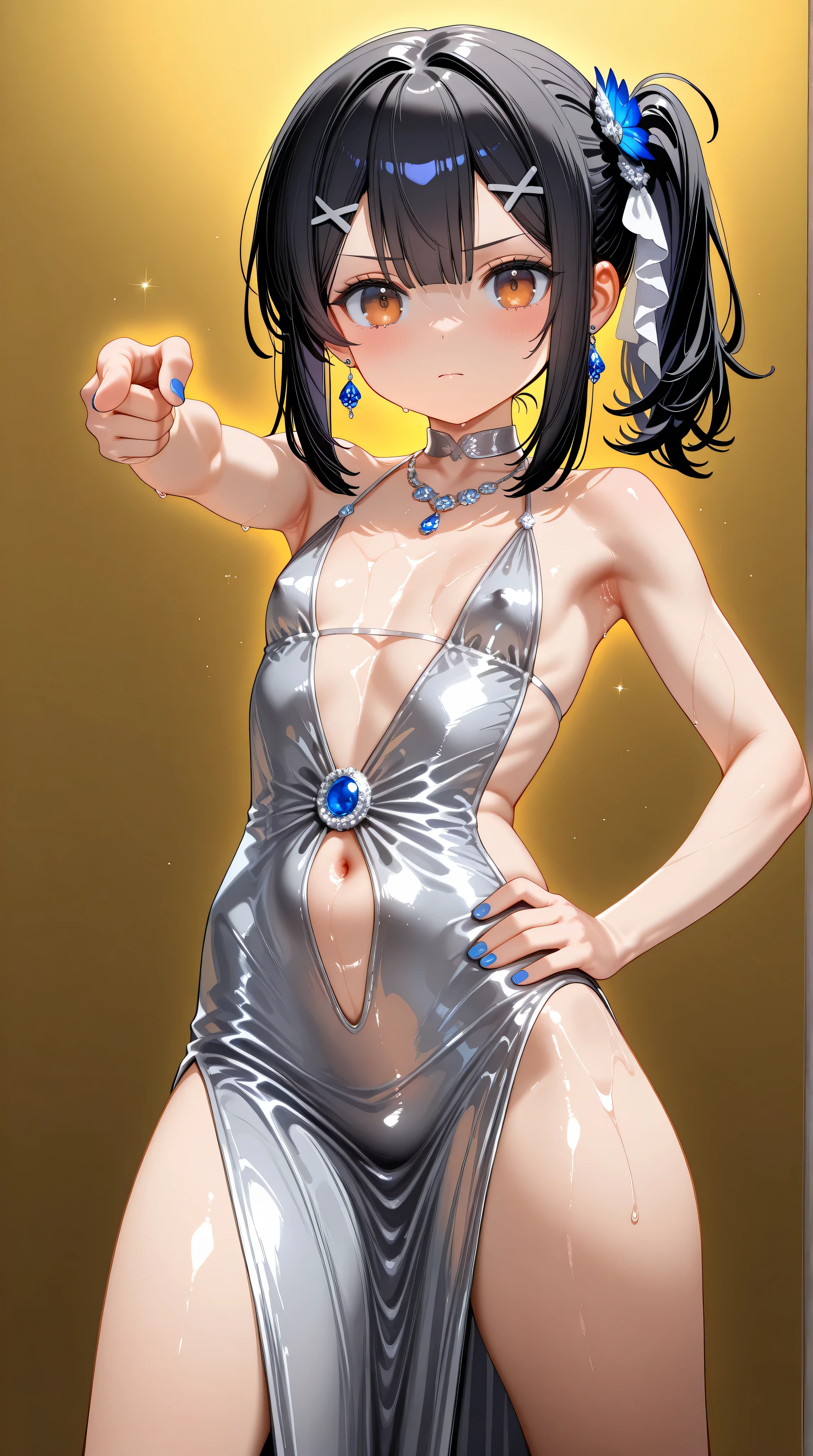 1girl,(Miyu Edelfelt),loli,toddler,petite,cute face,black hair,brown eyes,serious,solo,colored skin,erect nipples, jewelry, dress,necklace, bangs,x hair ornament, bare shoulders, side ponytail, halterneck, plunging neckline, sidelocks, halter dress, backless outfit, silver dress, nail polish, backless dress,closed mouth, blush, revealing clothes, earrings, hairclip, sweat,evening gown,j0t4r0, pointing, looking at viewer,hand on hip, jojo pose,standing,legs apart,center opening,navel,thighs, blue nails, flat_chest, official alternate costume, hair between eyes, best quality, amazing quality, very aesthetic, absurdres,masterpiece,best quality,newest,highres,absurdres,very awa,shiny skin,(artist:loika:0.5),(artist:xiaoshou xiansheng:0.8),artist:rin31153336,artist:gawako,(oiled),gold background, aura, dutch angle, foreshortening,
