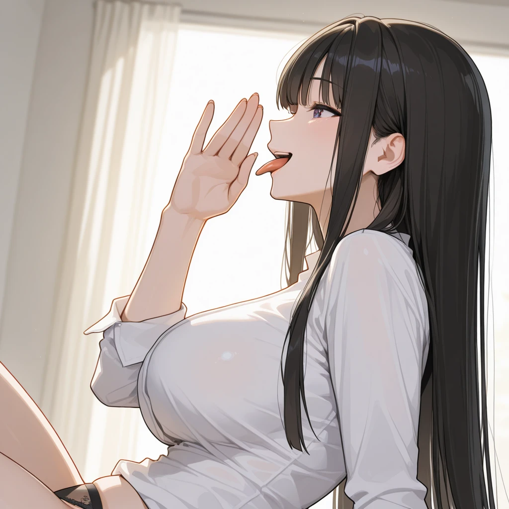Red eyes, The eyes are round, (Very detailed CG ユニティ 8k 壁紙),(masterpiece),(Highest quality),(Very detailed),(Best illustrations),(Best Shadow),(Absurd),One Girl,alone,Sengahara, One Girl, alone, Open your mouth, teeth, Black Hair, Long Hair, View your audience, grey shirt, Border, black Border, Brown eyes, shirt, bangs, Jacket, Simple Background, Upper Body, Open clothes, Blue background、Huge breasts、nagatiti、bedroom、On the Bed、Huge penis、Handjob