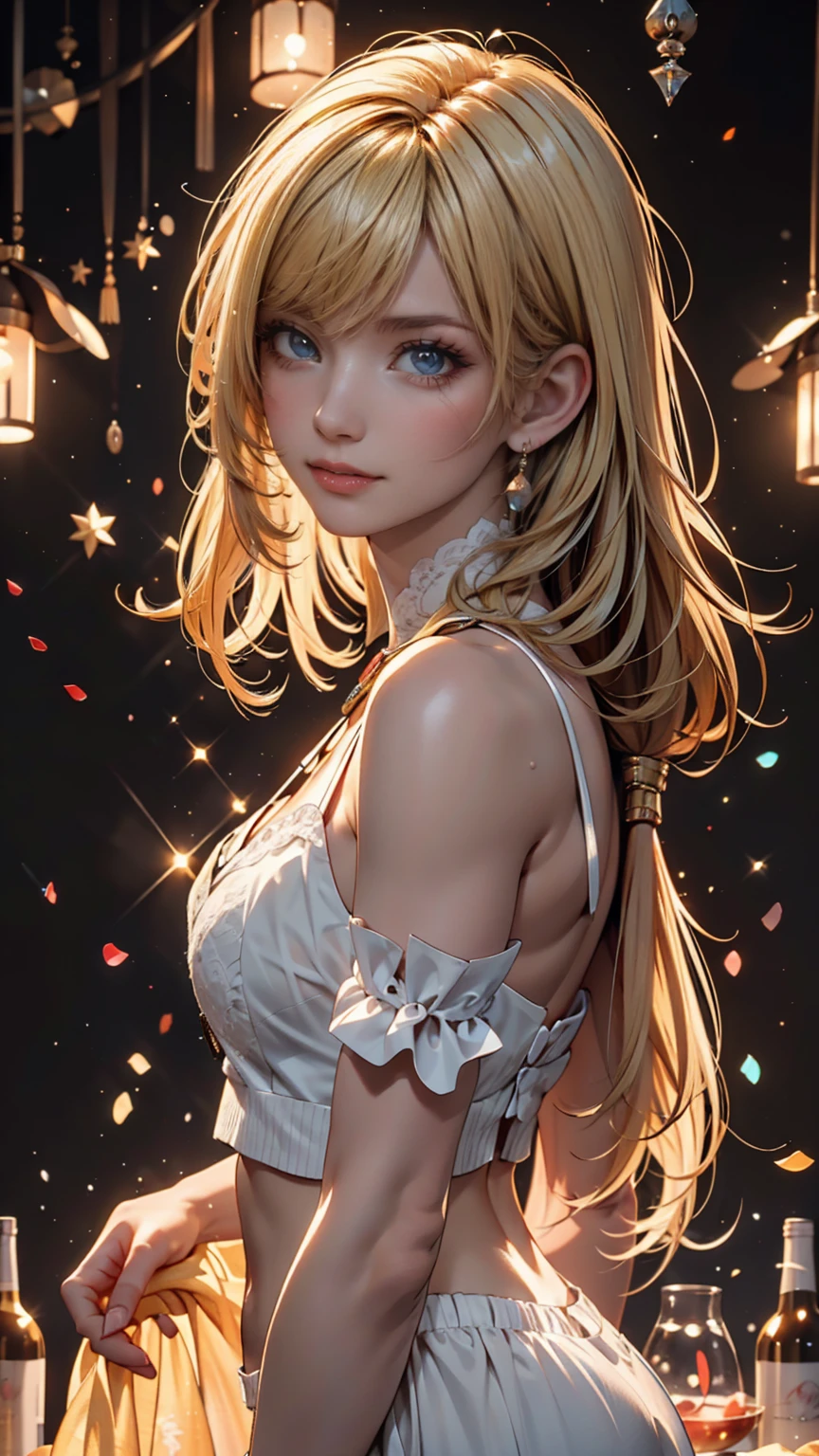 mksks style, 1 girl, cute, Surrounded by yellow lights, blond eyes, white hair, black background, close-up, No smiles, masterpiece, Super Detail