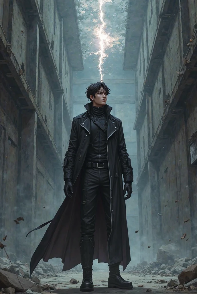 A semi-realistic anime-style digital illustration of Kang Hyun, a Korean man in his early 20s. He has sharp black eyes, short messy dark brown hair, and a thin scar on his right cheek. He wears a futuristic black combat outfit with a long silver-lined coat. He has a lean yet toned build. The art style is dark fantasy with moody lighting, fog, and smoke. [Common character description]  
Kang Hyun stands inside an abandoned warehouse, staring up at a faintly glowing crack floating midair. The room is full of dust, broken concrete, and shattered windows.

Include Korean dialogue: "…이건 뭐지? 균열…?"