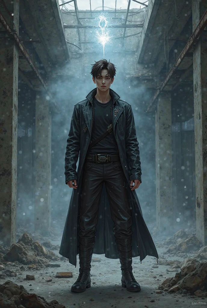 A semi-realistic anime-style digital illustration of Kang Hyun, a Korean man in his early 20s. He has sharp black eyes, short messy dark brown hair, and a thin scar on his right cheek. He wears a futuristic black combat outfit with a long silver-lined coat. He has a lean yet toned build. The art style is dark fantasy with moody lighting, fog, and smoke. [Common character description]  
Kang Hyun stands inside an abandoned warehouse, staring up at a faintly glowing crack floating midair. The room is full of dust, broken concrete, and shattered windows.

Include Korean dialogue: "…이건 뭐지? 균열…?"